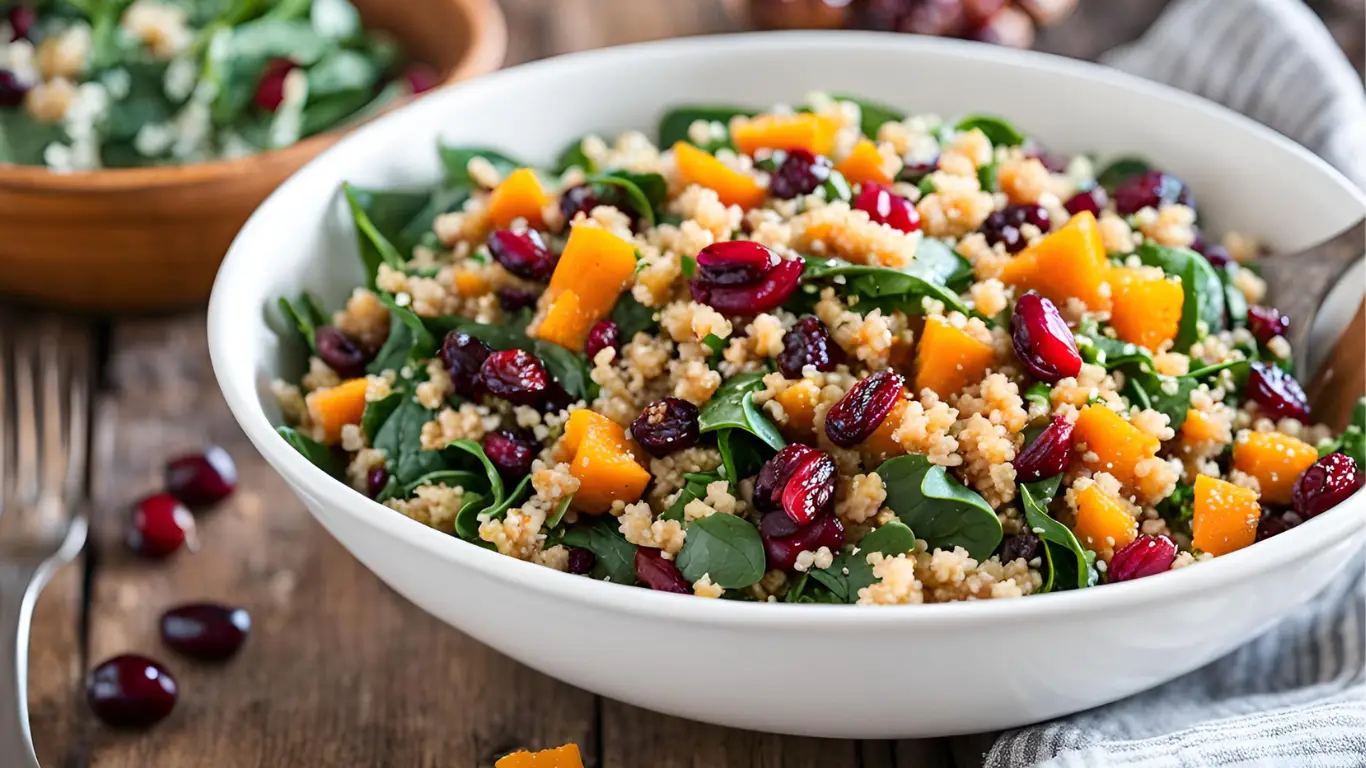 A vibrant and colorful fall quinoa salad with roasted butternut squash.