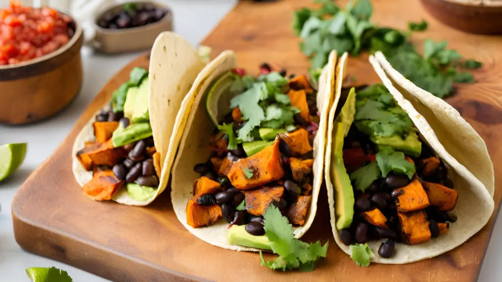 Delicious and filling tacos with roasted sweet potatoes and black beans.