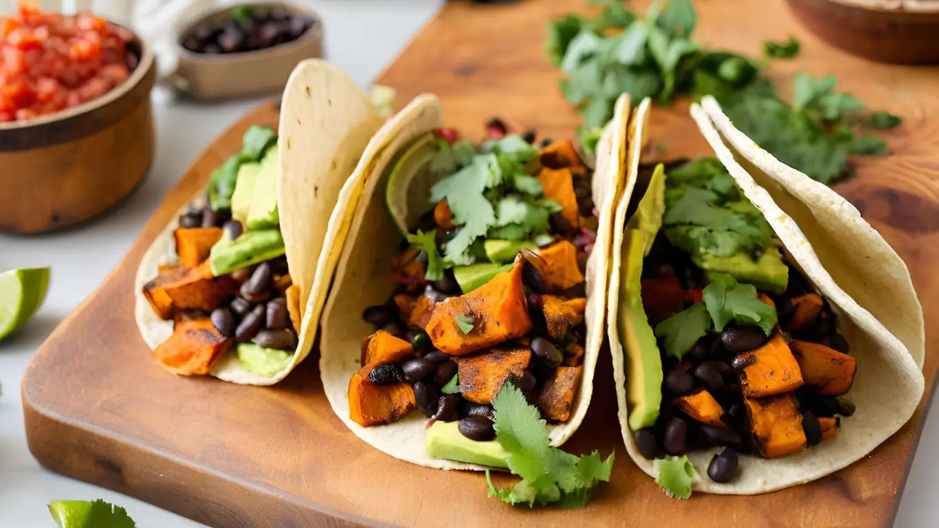 Delicious and filling tacos with roasted sweet potatoes and black beans.