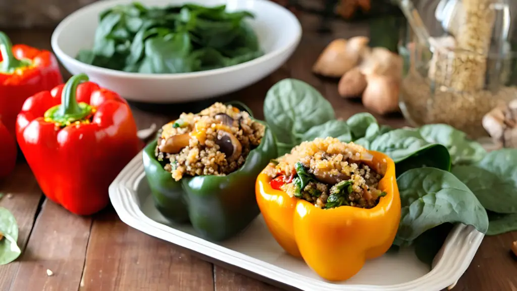 Savory stuffed peppers filled with hearty mushrooms and spinach.